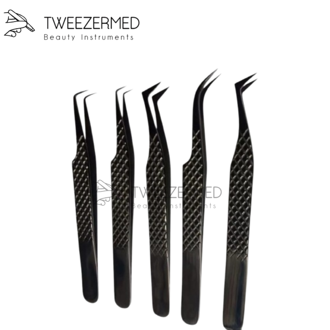 5 Pcs Black Lash Tweezer Set – Pro Titanium Tools with Pouch by Tweezermed