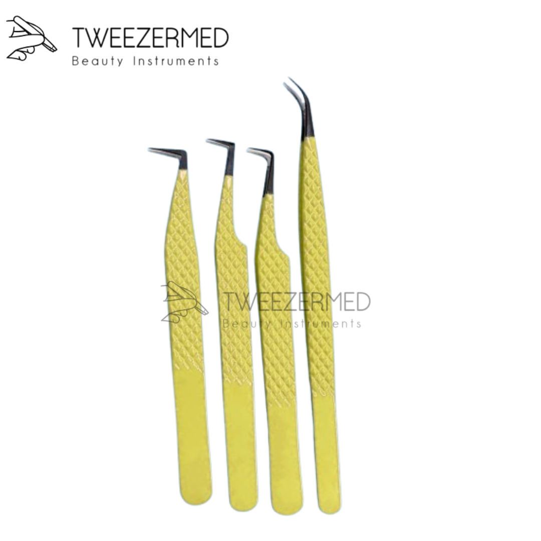 4 Pcs Yellow Lash Tweezer Set – Black Tip Pro Edition by TweezerMed