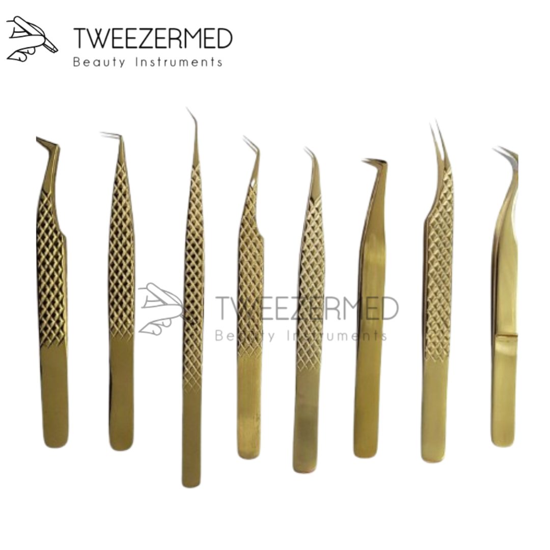 6 Pcs Gold Lash Tweezer Set – Pro Titanium Kit with Pouch by Tweezermed