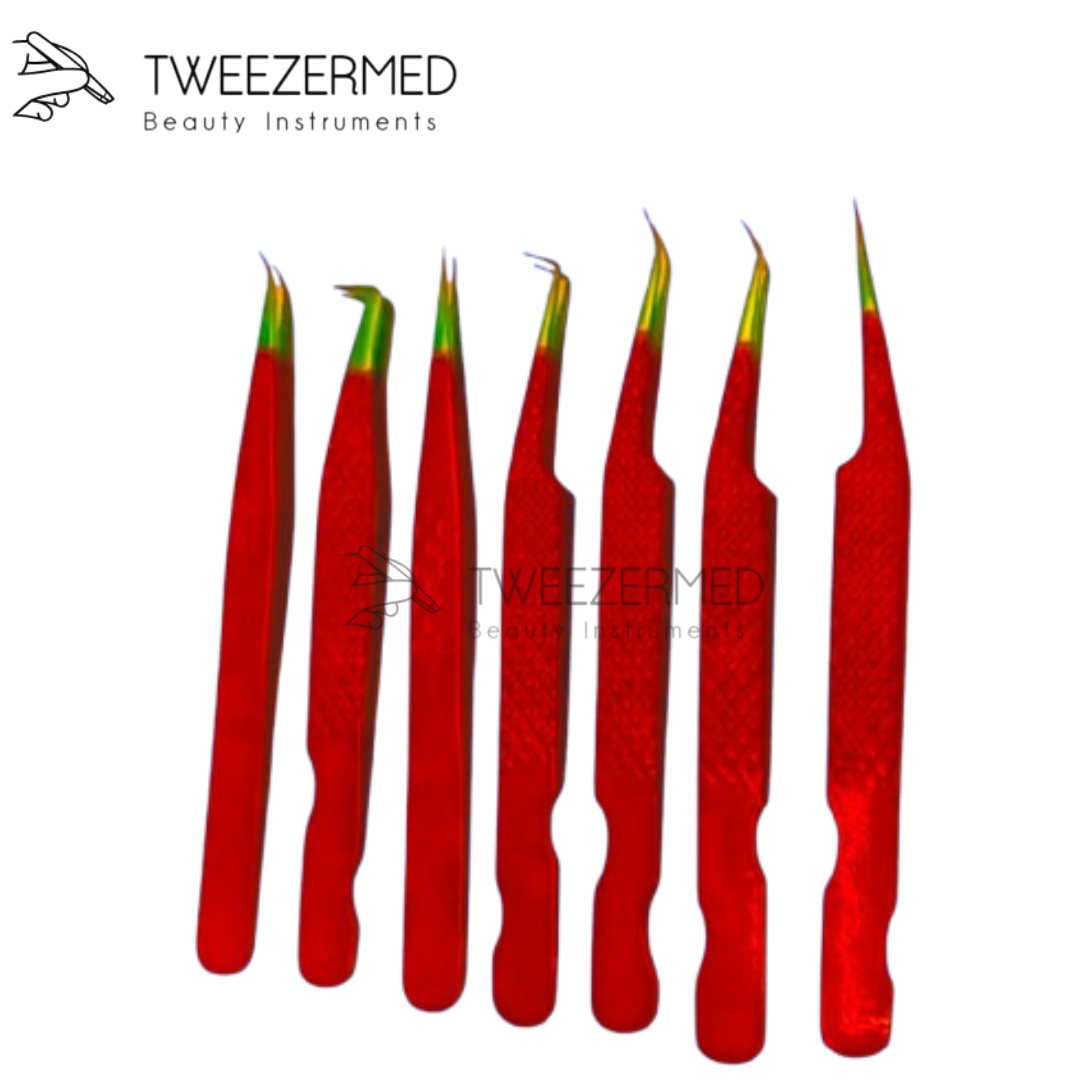 7 Pcs Red Lash Tweezer Set – Multi-Plasma Tip Pro Kit by TweezerMed