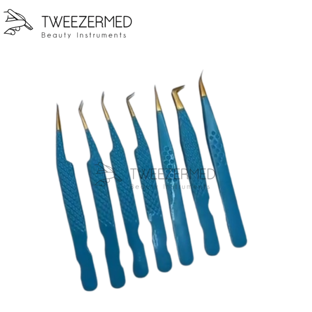 7 Pcs Blue Lash Tweezer Set – Multi-Plasma Rainbow Tip Pro Kit by TweezerMed
