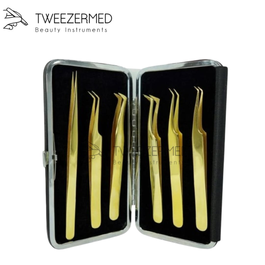 6 Pcs Gold Lash Tweezer Set – Pro Titanium Kit with Pouch by Tweezermed