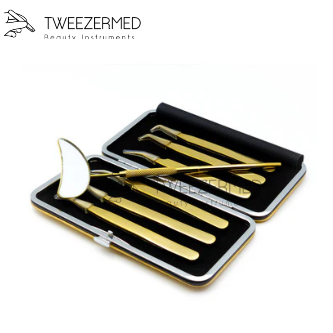 7 Pcs Gold Lash Tweezer Set – Titanium Pro Kit with Mirror & Pouch by Tweezermed