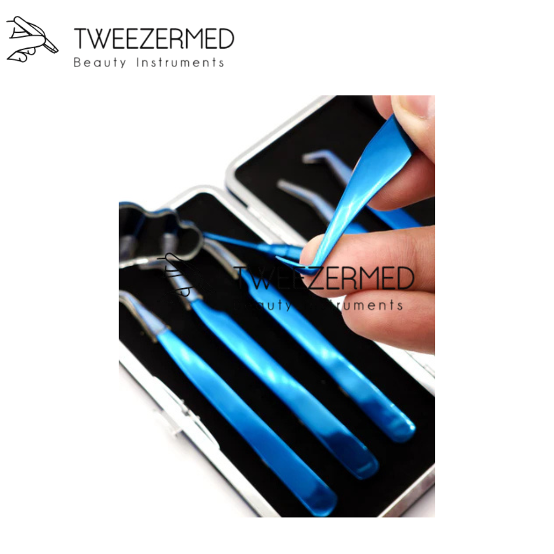 7 Pcs Blue Lash Tweezer Set – Pro Titanium Kit with Mirror & Pouch by Tweezermed