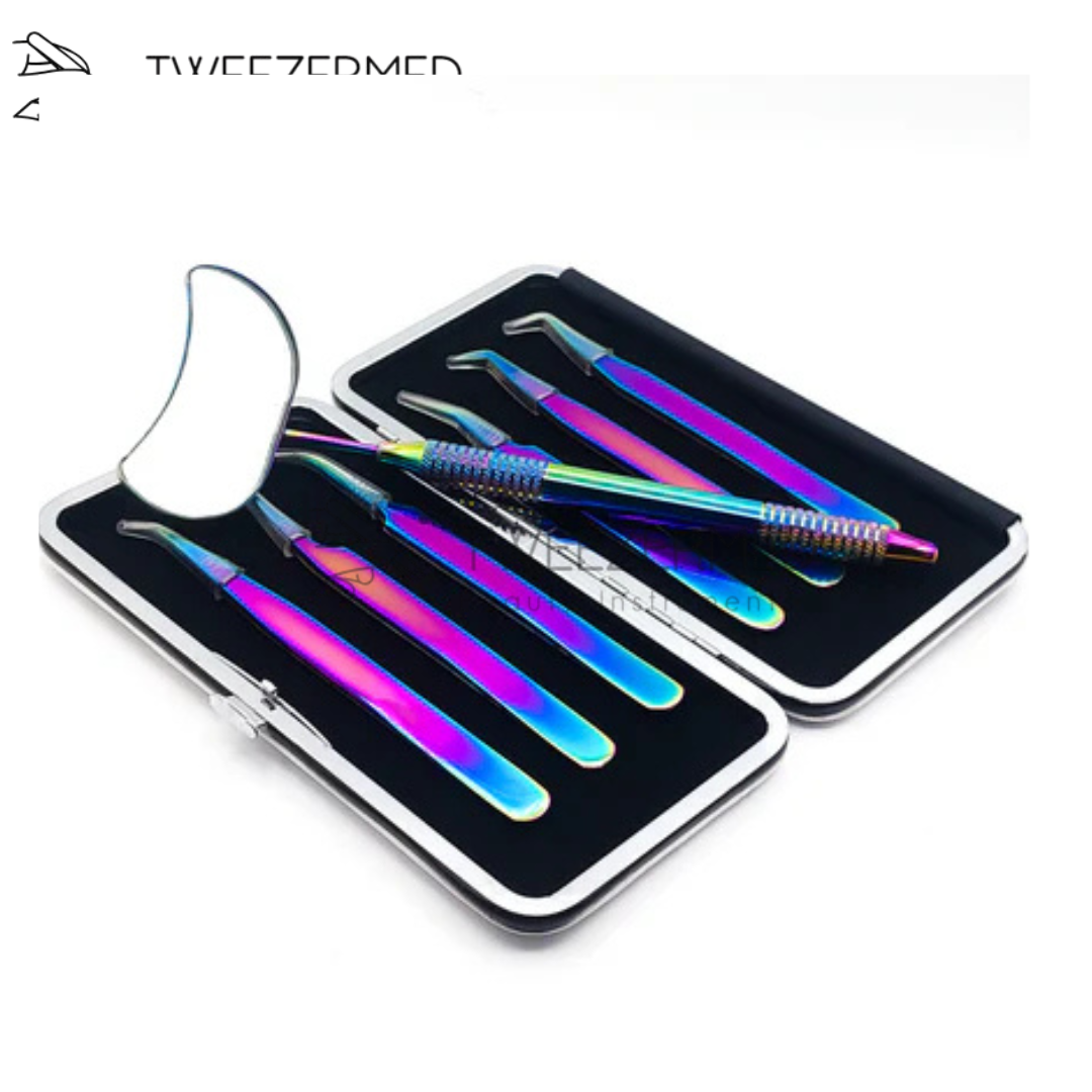 7 Pcs Multi-Plasma Tweezer Set – Rainbow Pro Lash Kit with Mirror & Pouch by Tweezermed