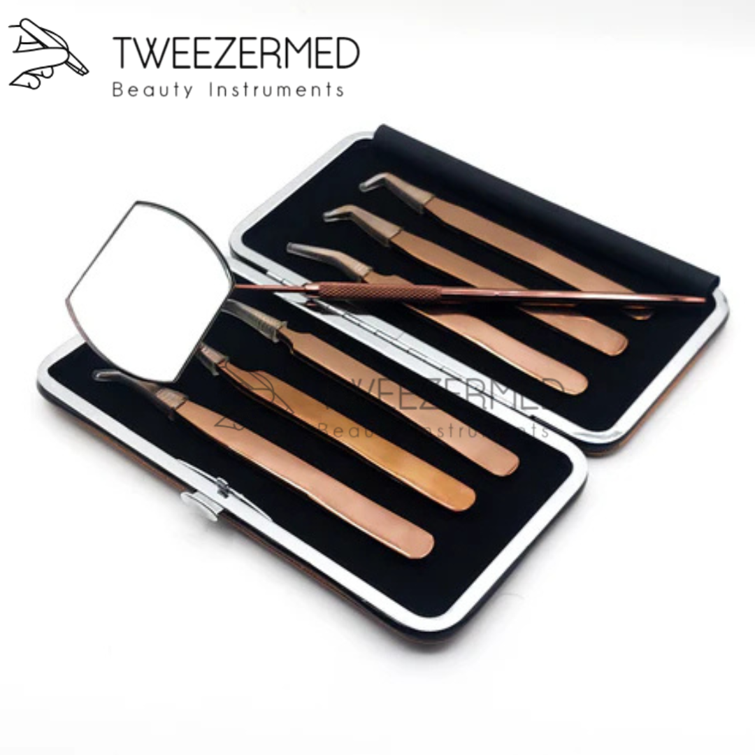 7 Pcs Gold Plasma Tweezer Set – Pro Lash Kit with Mirror & Pouch by Tweezermed