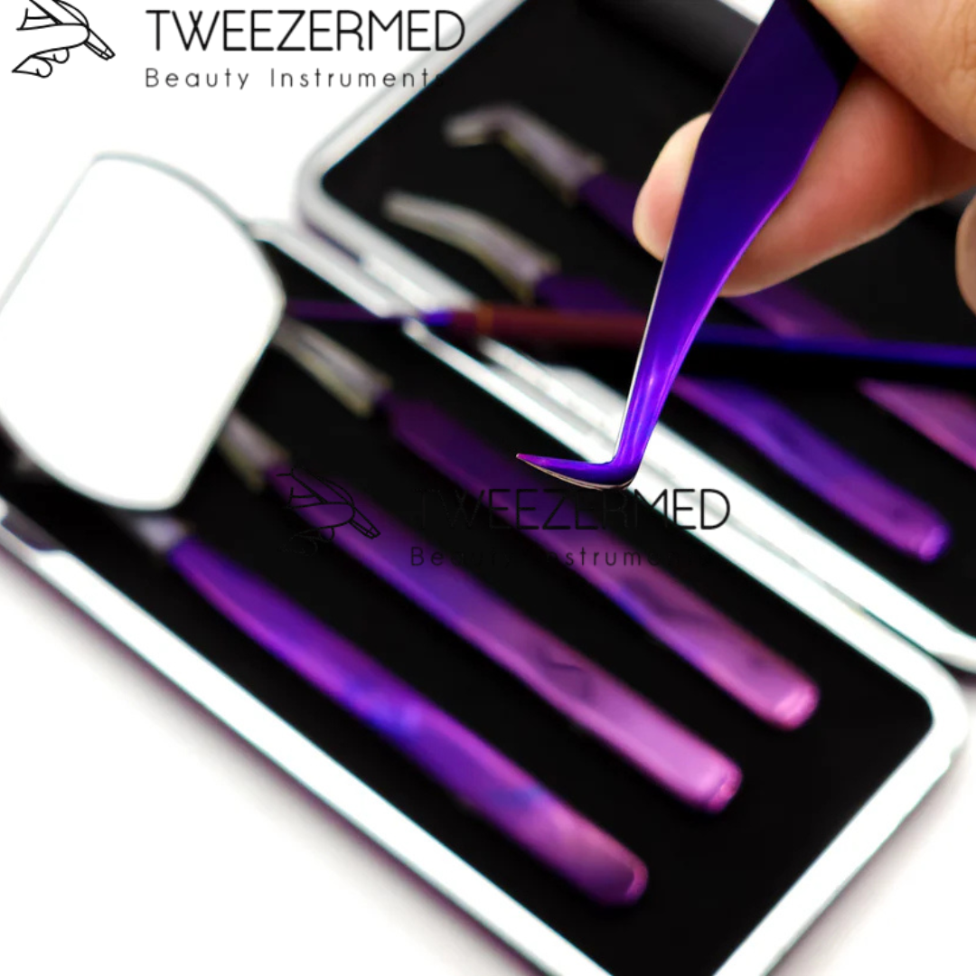 7 Pcs Purple Lash Tweezer Set – Titanium Pro Kit with Mirror & Pouch by Tweezermed