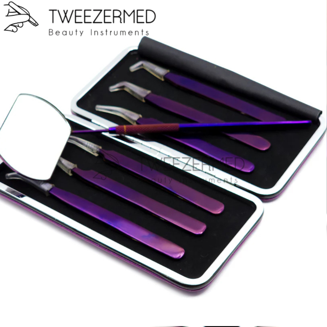 7 Pcs Purple Lash Tweezer Set – Titanium Pro Kit with Mirror & Pouch by Tweezermed