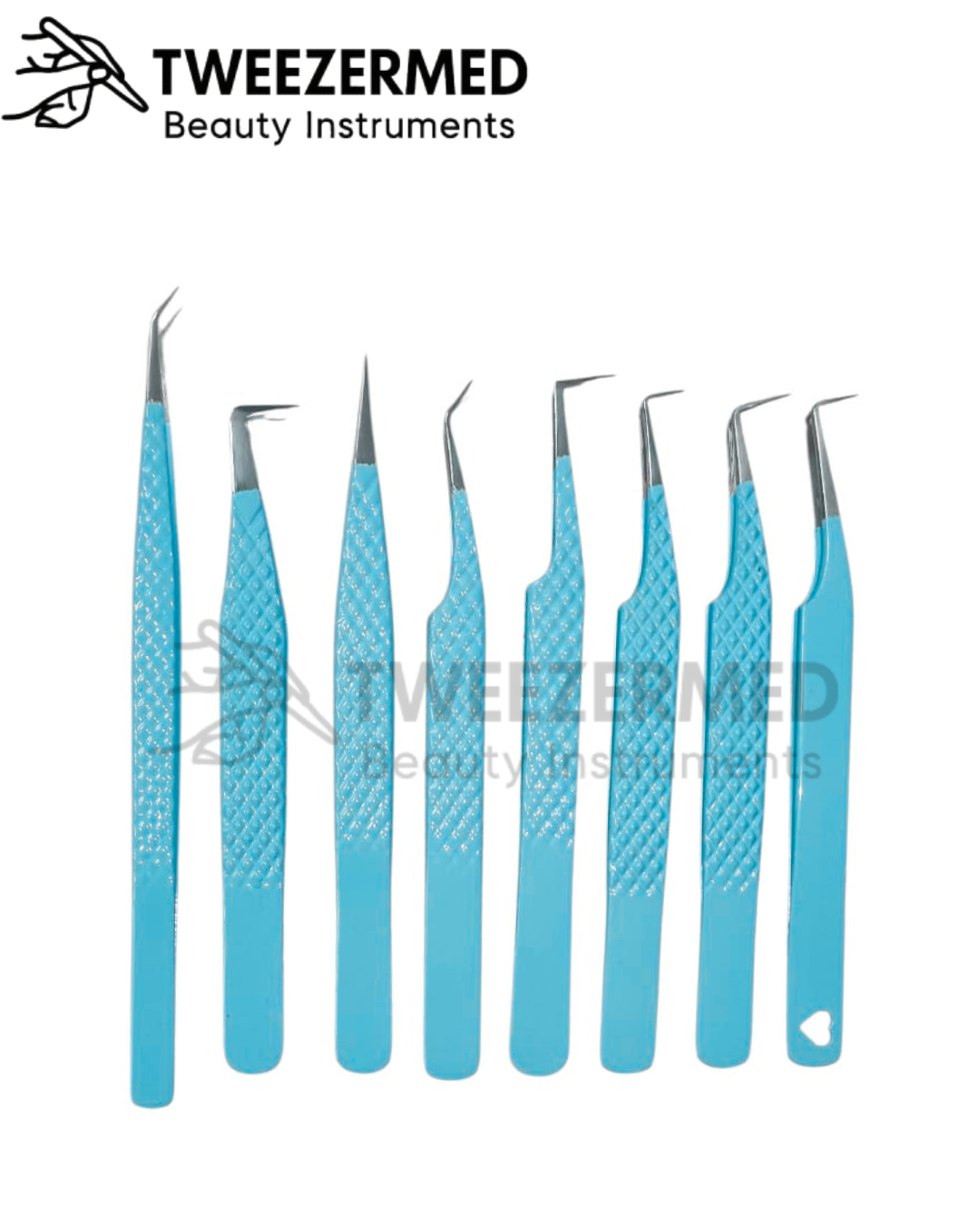 7 Pcs Sky Blue Lash Tweezer Set – Soft Matte Finish by TweezerMed