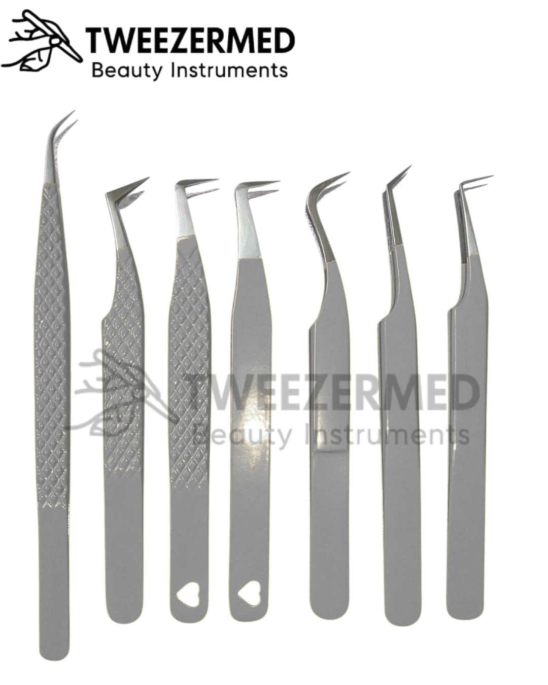 7 Pcs Slate Gray Lash Tweezer Set – Pro Powder Coated by TweezerMed
