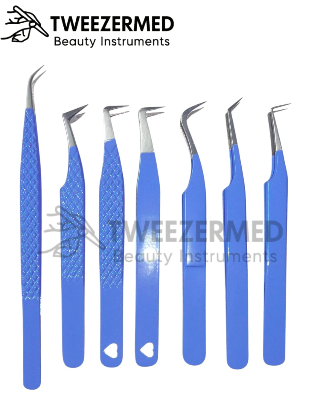 7 Pcs Royal Blue Lash Tweezer Set – Pro Powder Coated by TweezerMed