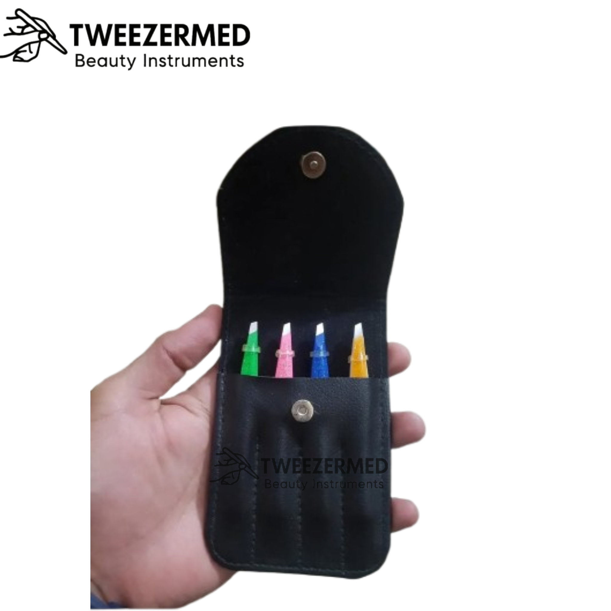 4pcs eyebrow tweezer set in 4 vibrant colors. Slant, flat, pointed & angled tips for professional precision and painless brow shaping.